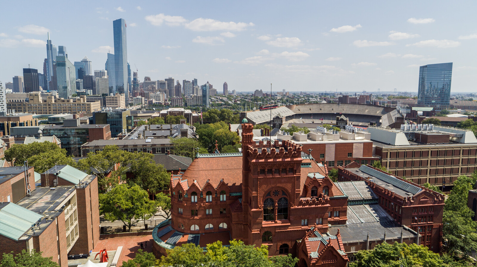 Penn campus in foreground of city scape of Philadelphia